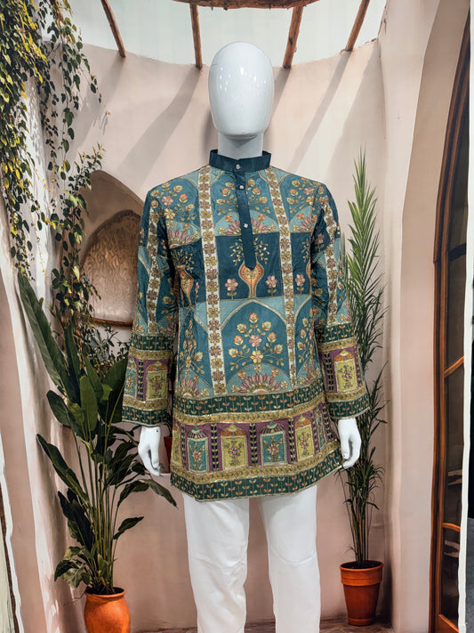 Royal Teal Blue Men's Kurta with Heritage Floral Arch Design