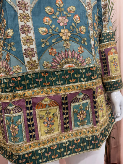 Royal Teal Blue Men's Kurta with Heritage Floral Arch Design