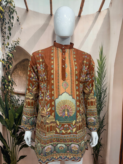 Rich Rust Men's Kurta with Heritage Peacock Design