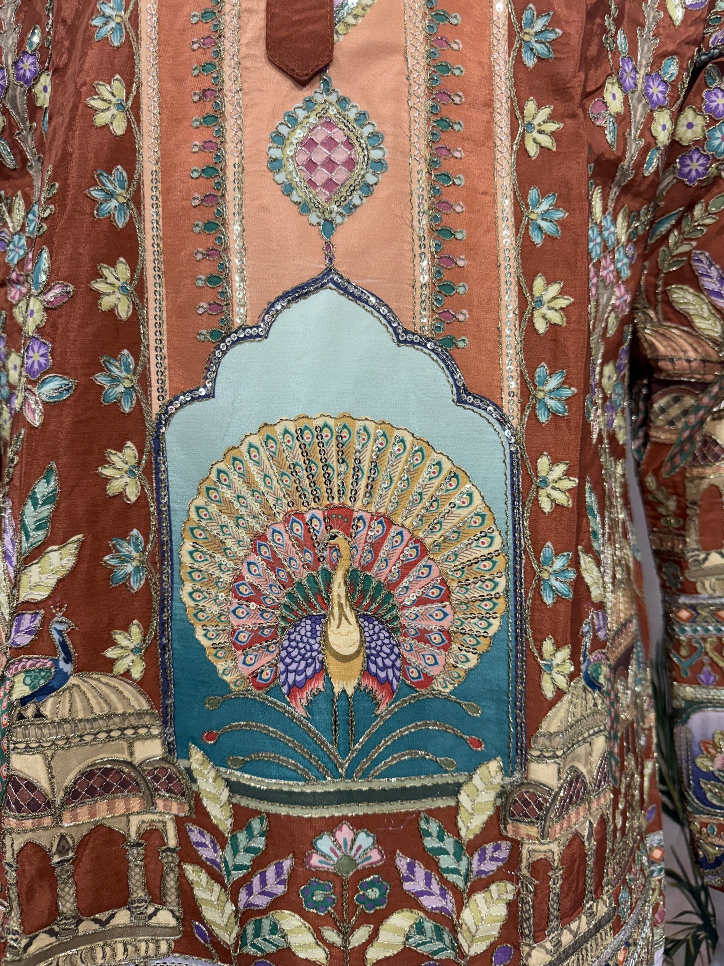 Rich Rust Men's Kurta with Heritage Peacock Design