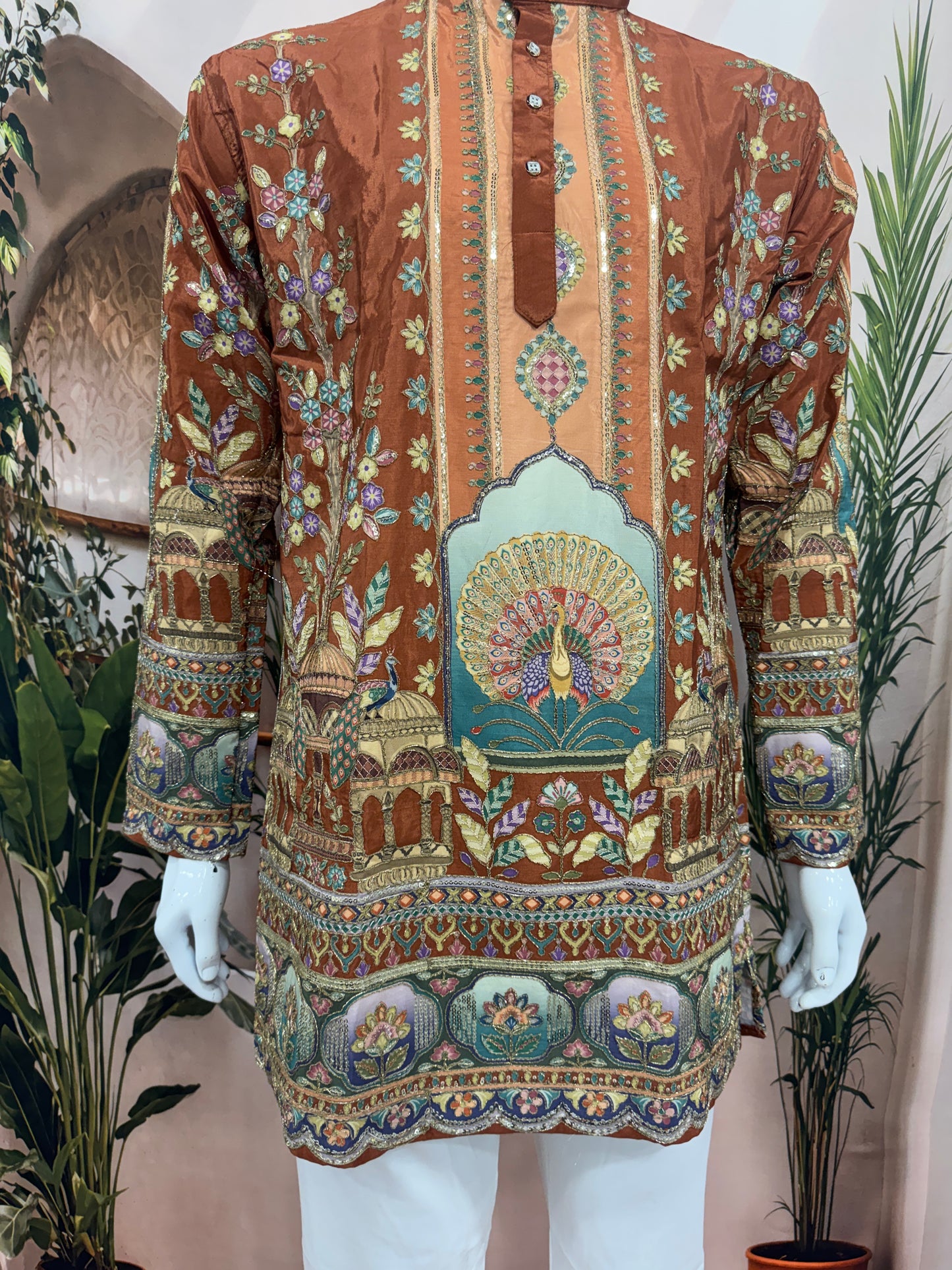 Rich Rust Men's Kurta with Heritage Peacock Design