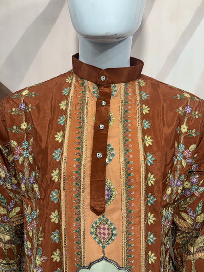 Rich Rust Men's Kurta with Heritage Peacock Design