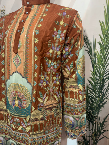 Rich Rust Men's Kurta with Heritage Peacock Design