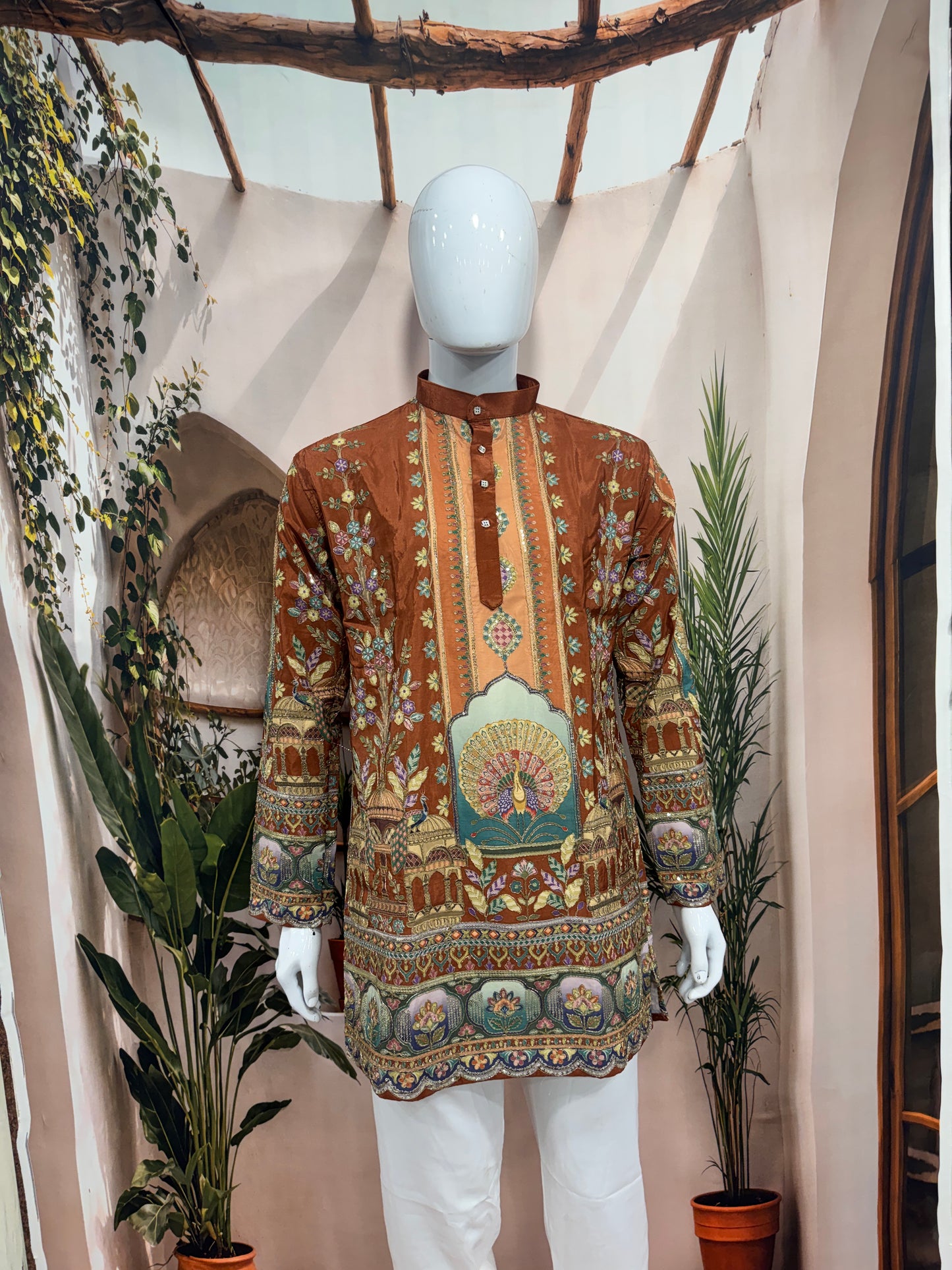 Rich Rust Men's Kurta with Heritage Peacock Design