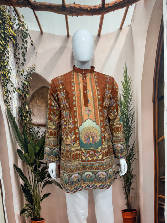 Rich Rust Men's Kurta with Heritage Peacock Design