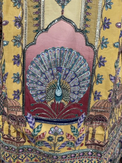Vibrant Mustard Yellow Men's Kurta with Heritage Peacock Design