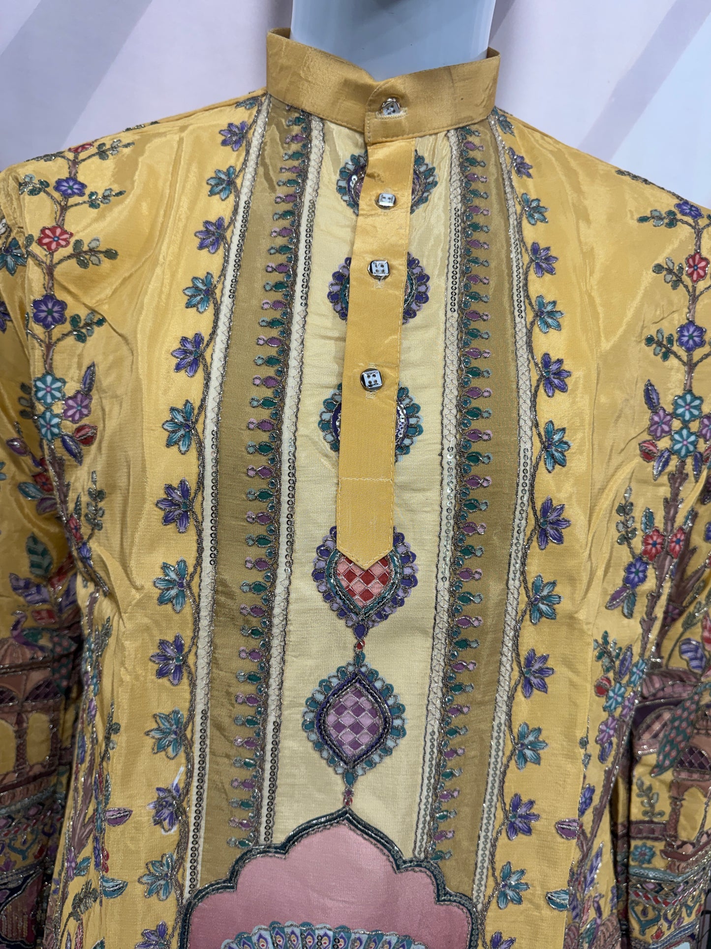 Vibrant Mustard Yellow Men's Kurta with Heritage Peacock Design