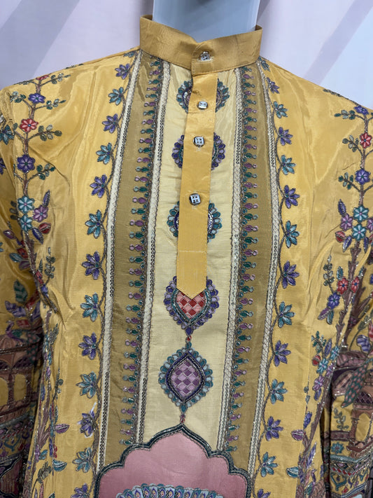 Vibrant Mustard Yellow Men's Kurta with Heritage Peacock Design