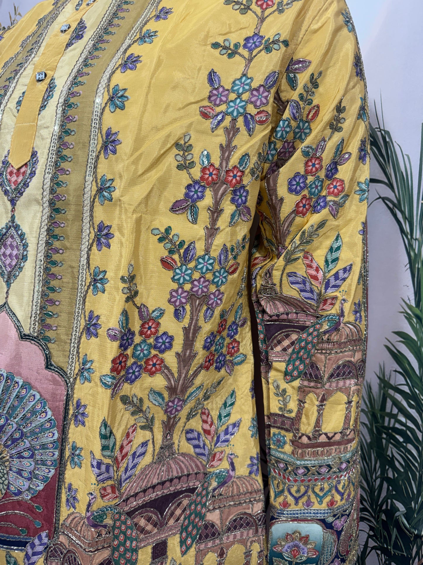 Vibrant Mustard Yellow Men's Kurta with Heritage Peacock Design