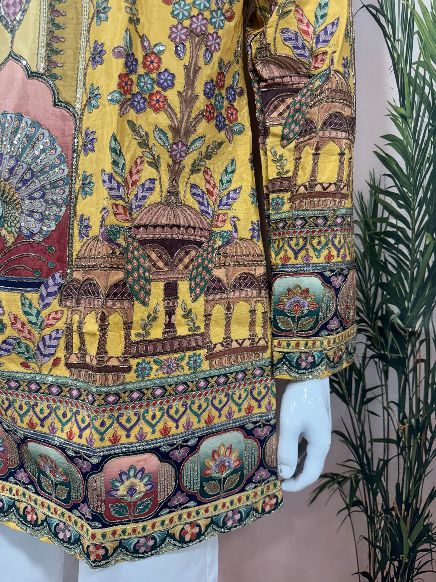 Vibrant Mustard Yellow Men's Kurta with Heritage Peacock Design