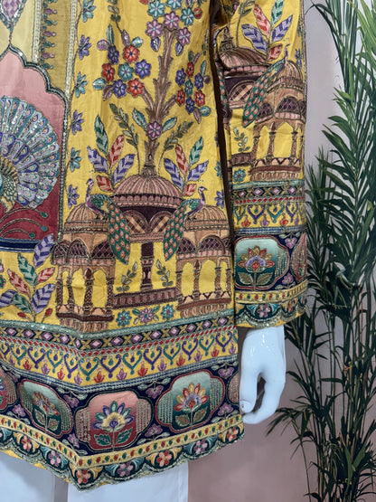 Vibrant Mustard Yellow Men's Kurta with Heritage Peacock Design