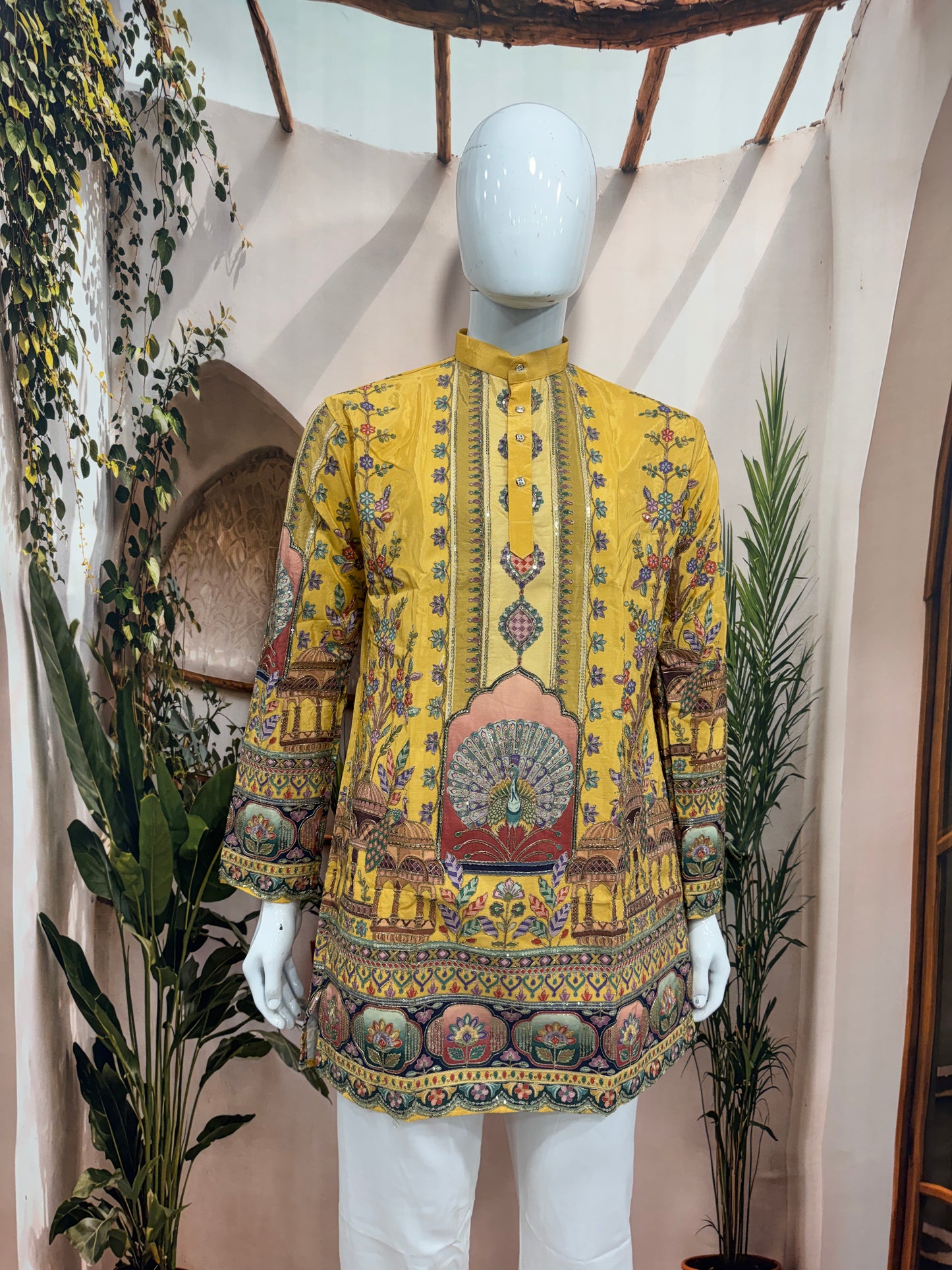 Vibrant Mustard Yellow Men's Kurta with Heritage Peacock Design
