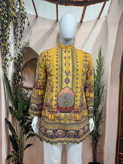 Vibrant Mustard Yellow Men's Kurta with Heritage Peacock Design