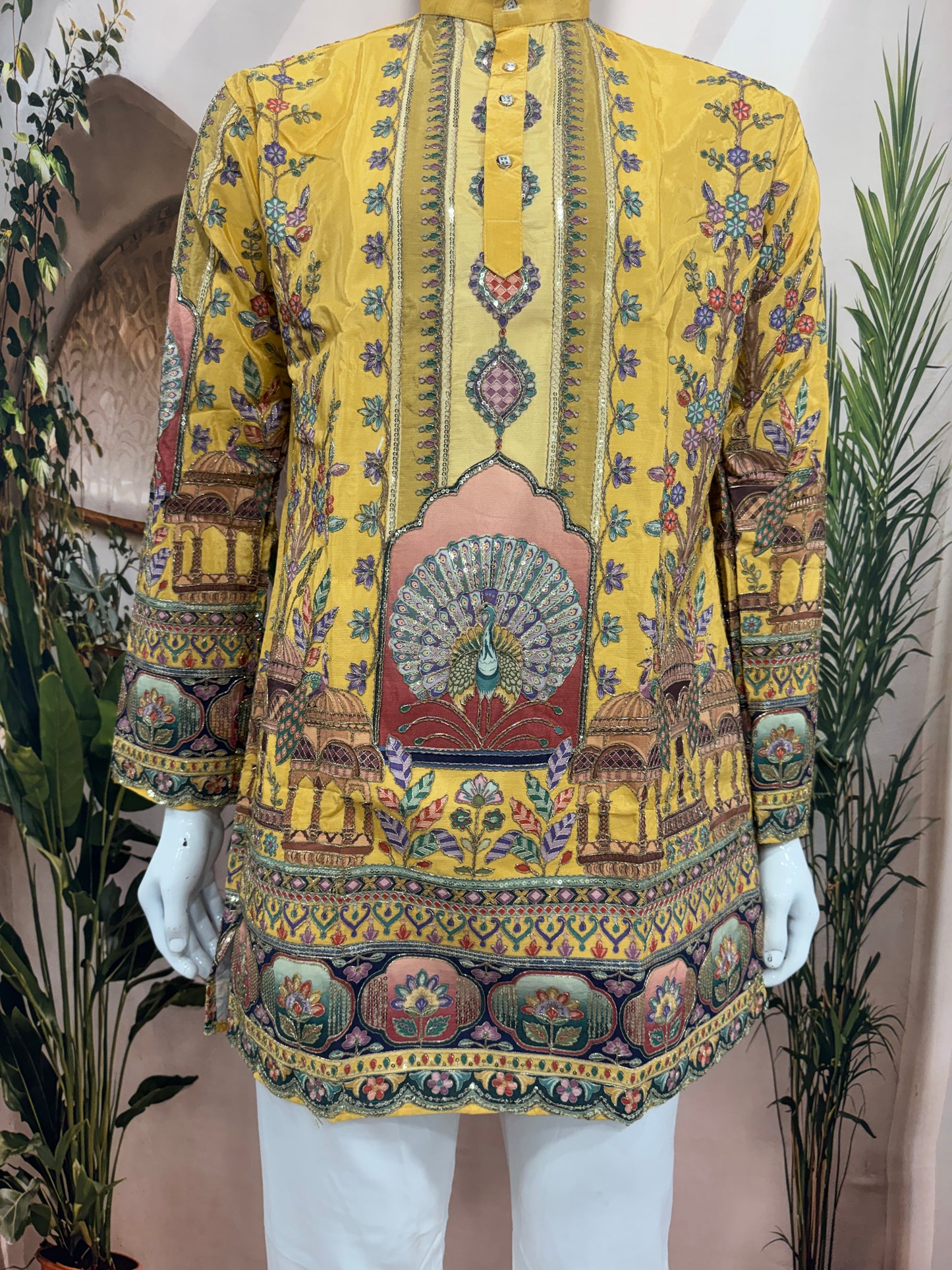 Vibrant Mustard Yellow Men's Kurta with Heritage Peacock Design