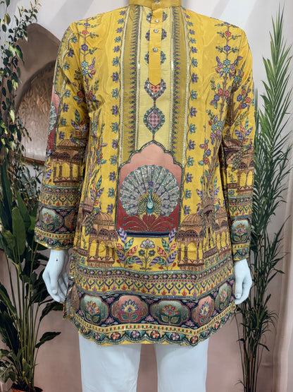 Vibrant Mustard Yellow Men's Kurta with Heritage Peacock Design