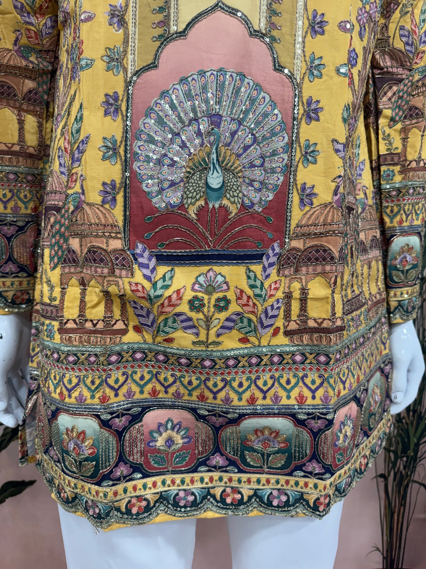Vibrant Mustard Yellow Men's Kurta with Heritage Peacock Design