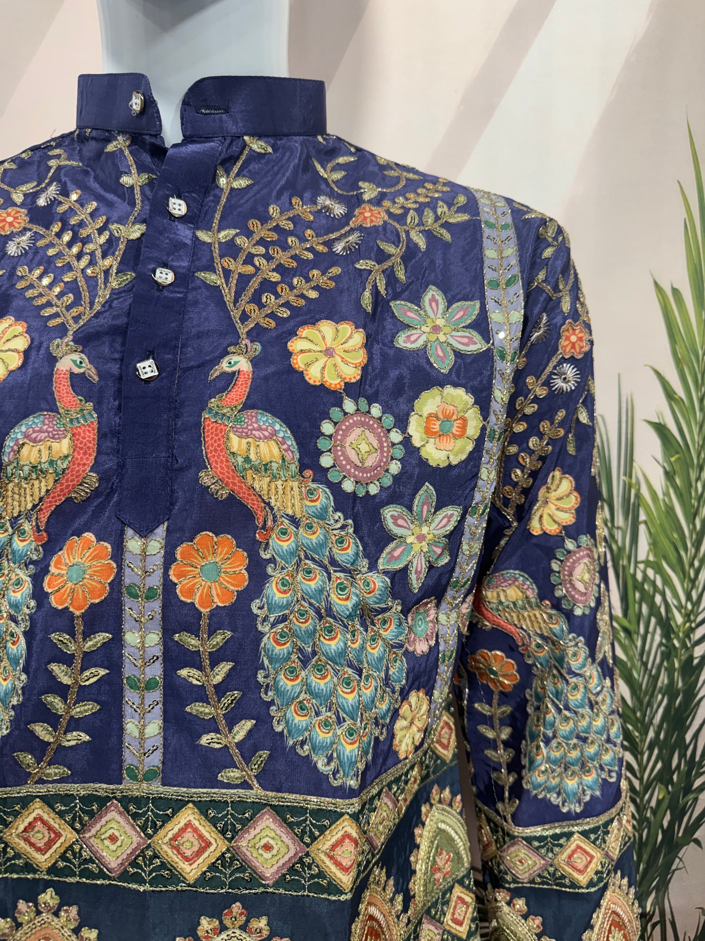 Royal Blue Heavy Embroidered Men's Kurta with Peacock Motifs