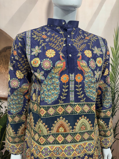 Royal Blue Heavy Embroidered Men's Kurta with Peacock Motifs