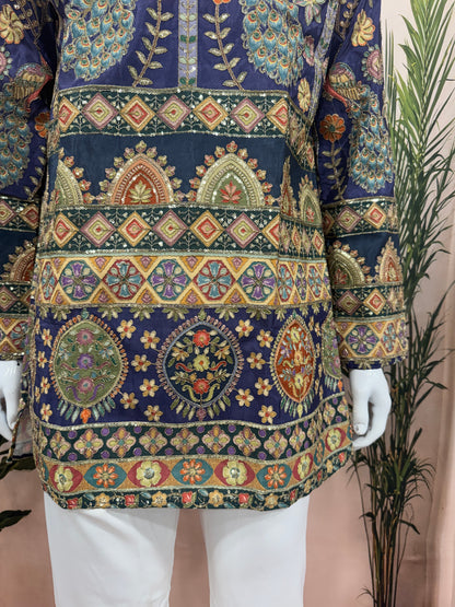 Royal Blue Heavy Embroidered Men's Kurta with Peacock Motifs