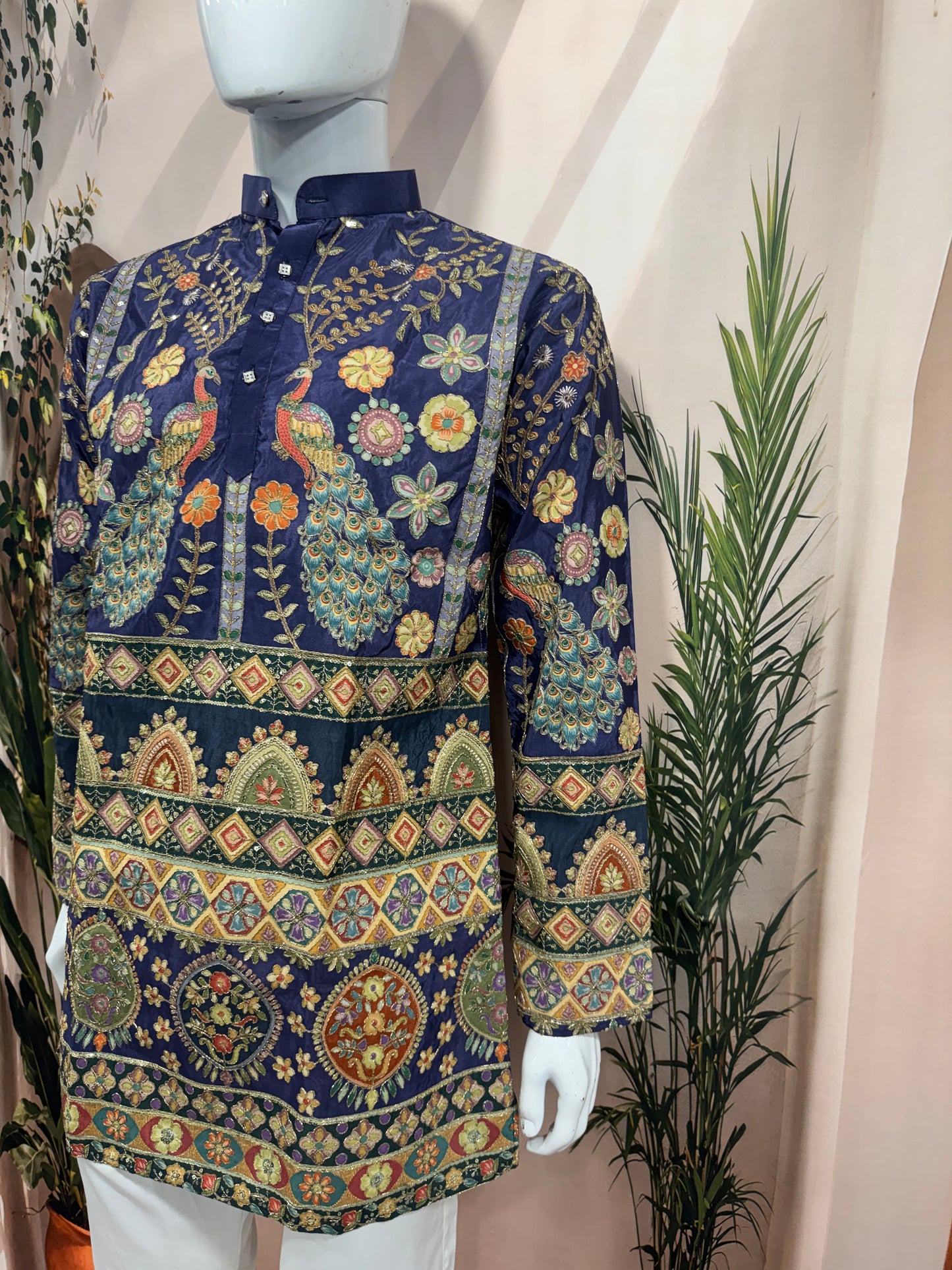 Royal Blue Heavy Embroidered Men's Kurta with Peacock Motifs