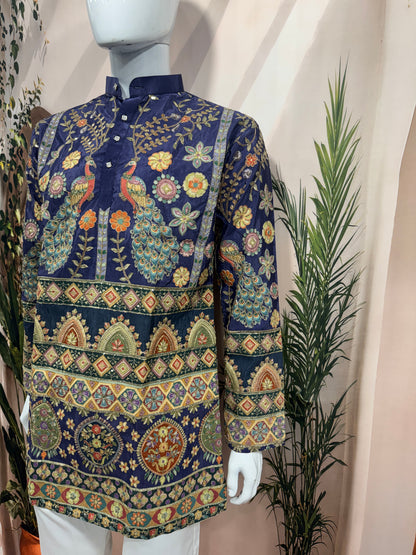 Royal Blue Heavy Embroidered Men's Kurta with Peacock Motifs