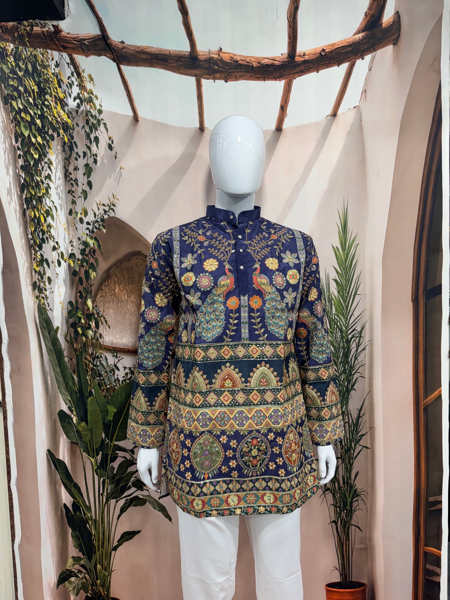 Royal Blue Heavy Embroidered Men's Kurta with Peacock Motifs