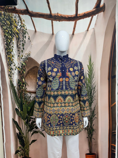 Royal Blue Heavy Embroidered Men's Kurta with Peacock Motifs