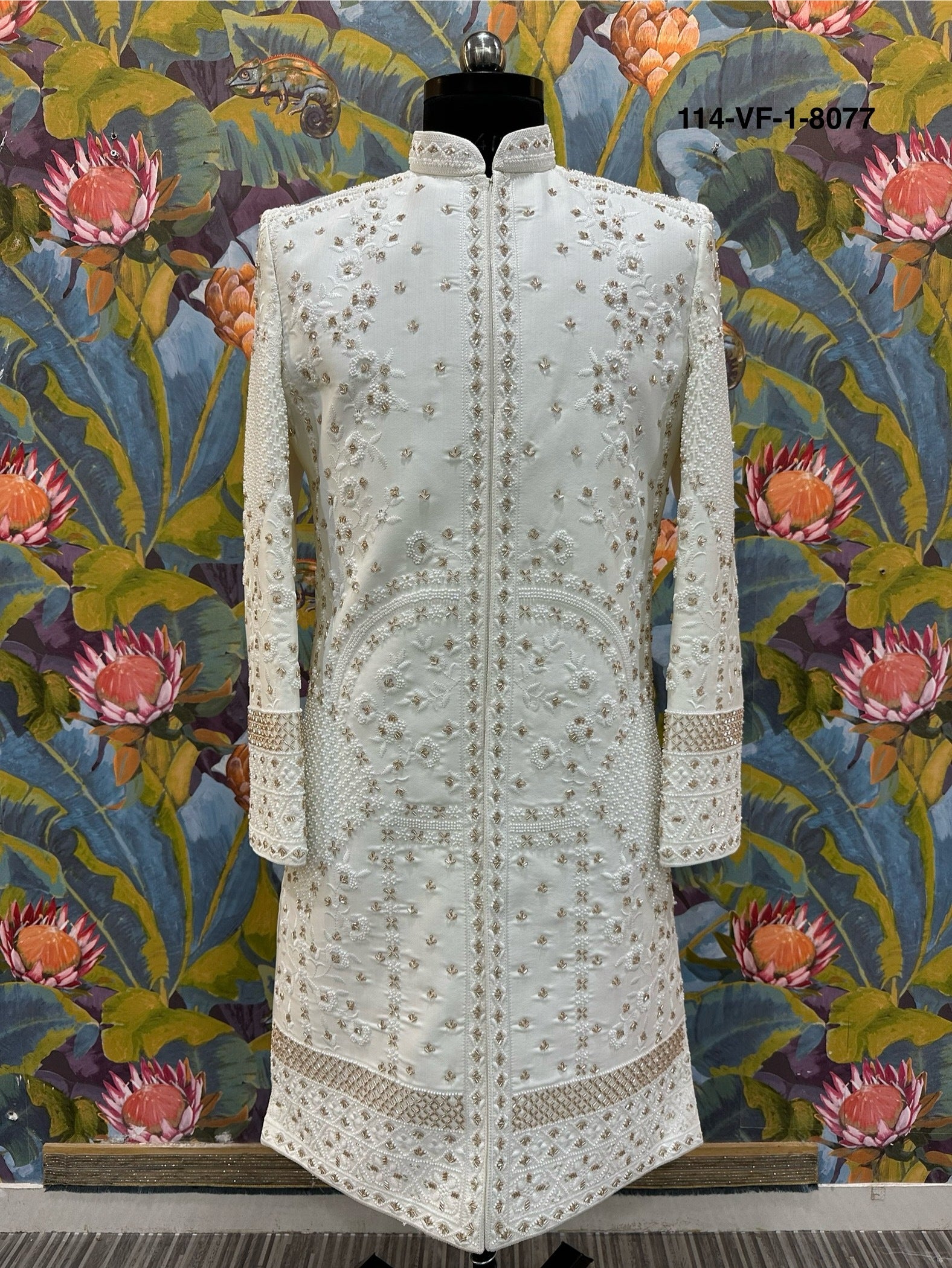 Men Premium White Heavy Embroidered Sherwani Fabric with Free Pant & Mojri – Unstitched Wedding Wear