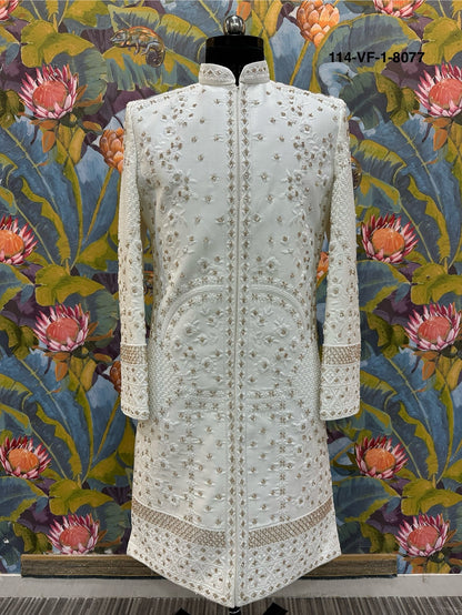 Men Premium White Heavy Embroidered Sherwani Fabric with Free Pant & Mojri – Unstitched Wedding Wear