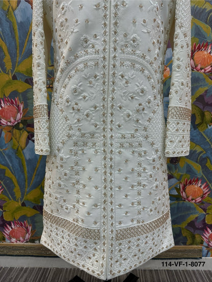 Men Premium White Heavy Embroidered Sherwani Fabric with Free Pant & Mojri – Unstitched Wedding Wear