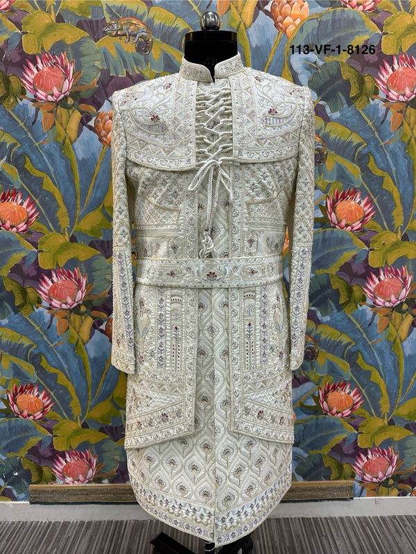 Premium White Royal Embroidered Sherwani | Devine Touch | Free Pants & Juti | Kavlee