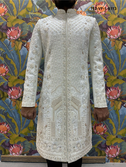 Men Premium Cream Heavy Embroidered Sherwani Fabric with Free Pant – Unstitched Wedding Wear
