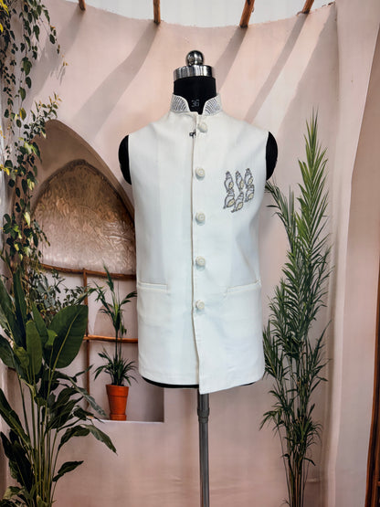 Premium Off-White Asymmetric Men's Koti | Silver Crystal Chest Motif