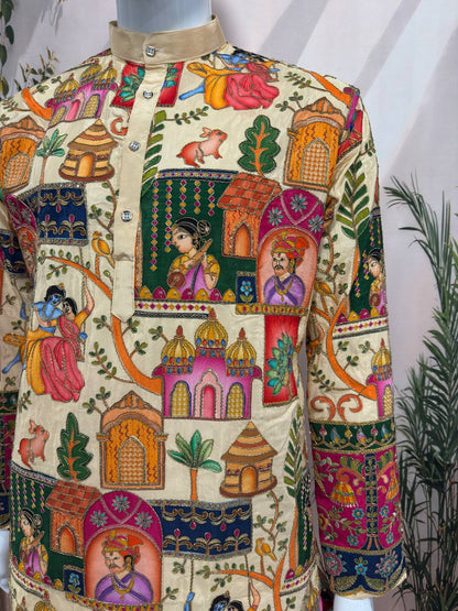 Premium Heritage Position Print Kurta for Men | Embroidered Festive Wear