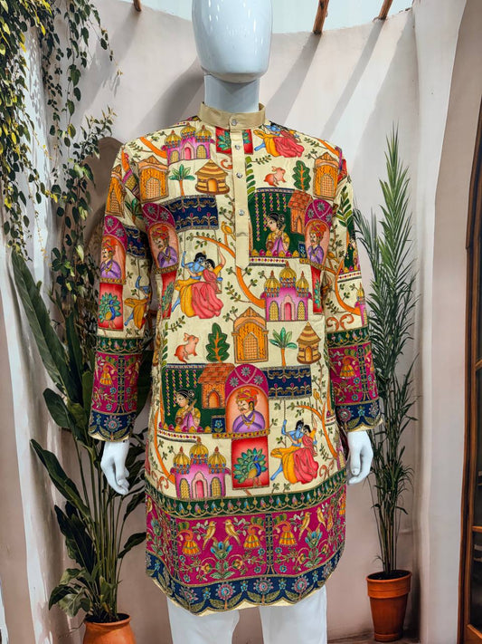 Premium Heritage Position Print Kurta for Men | Embroidered Festive Wear