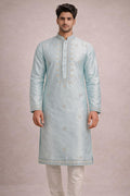 Pastel Aqua Blue Embroidered Kurta Set for Men | Premium Silk Blend Festive Wear
