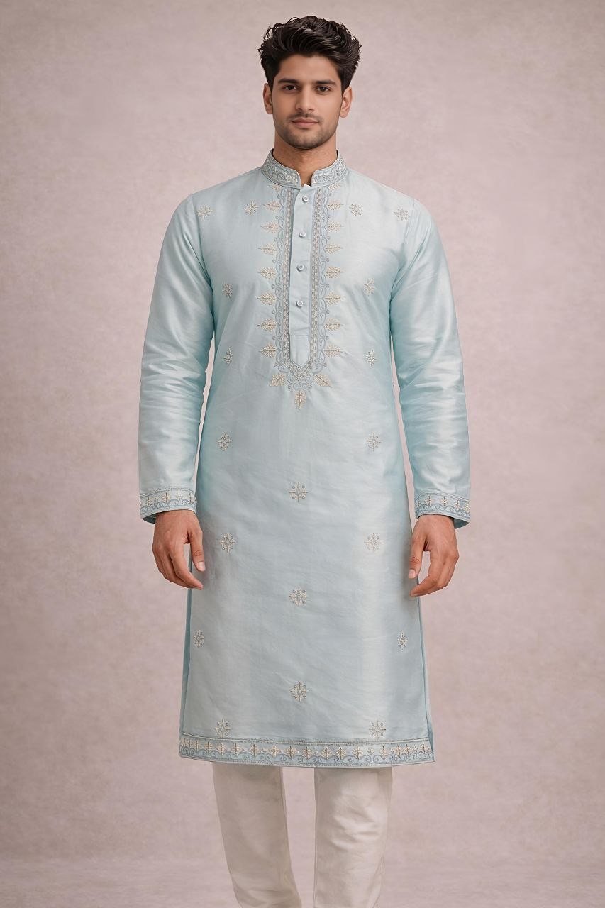 Pastel Aqua Blue Embroidered Kurta Set for Men | Premium Silk Blend Festive Wear