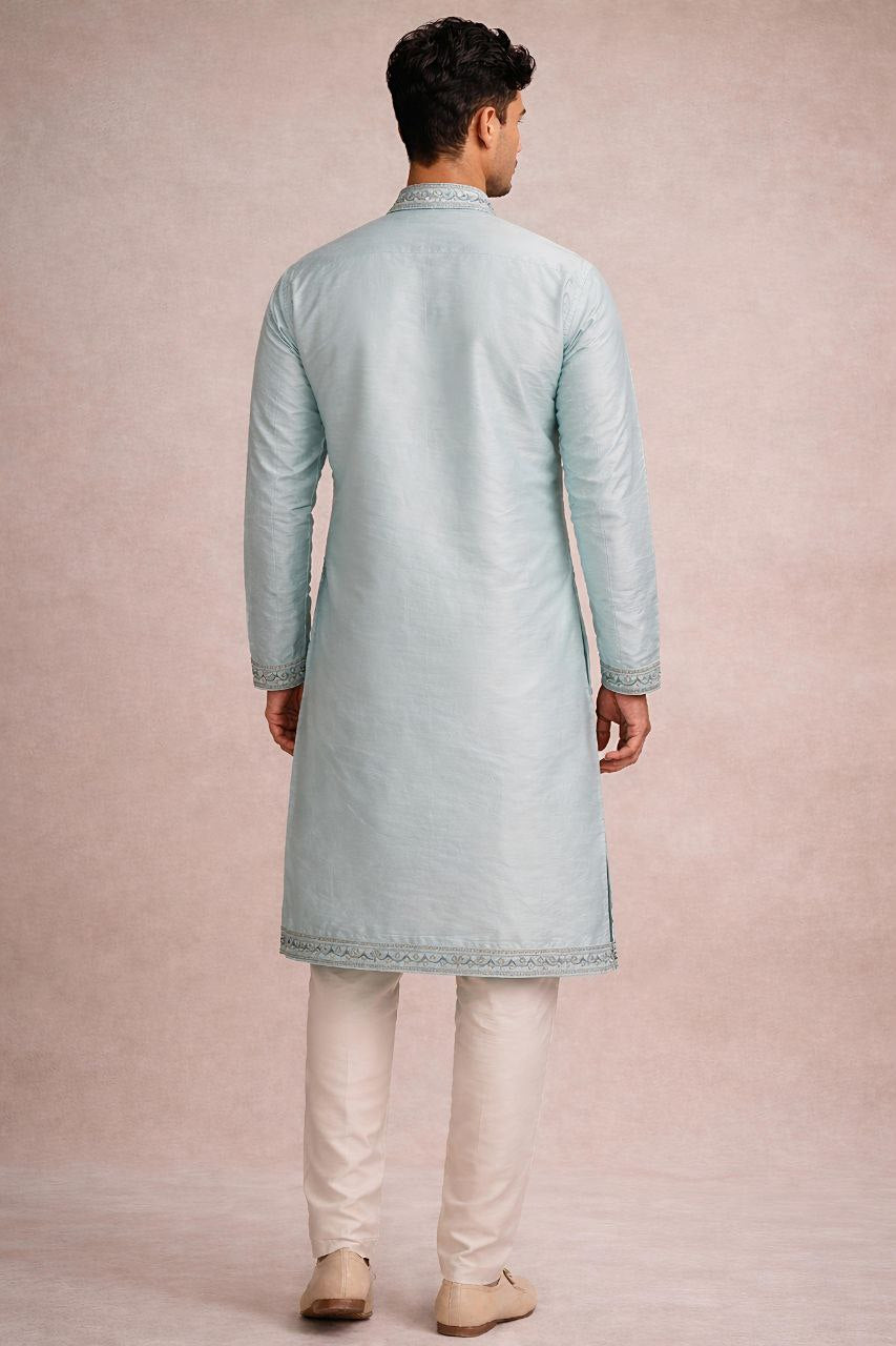 Pastel Aqua Blue Embroidered Kurta Set for Men | Premium Silk Blend Festive Wear