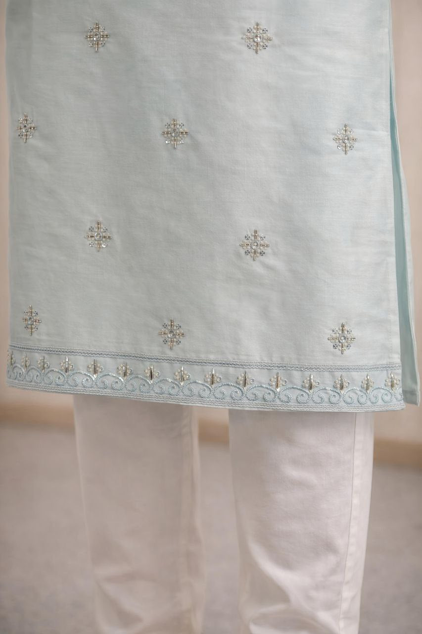 Pastel Aqua Blue Embroidered Kurta Set for Men | Premium Silk Blend Festive Wear