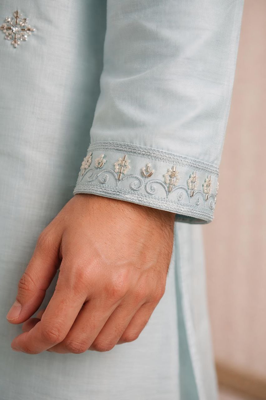 Pastel Aqua Blue Embroidered Kurta Set for Men | Premium Silk Blend Festive Wear