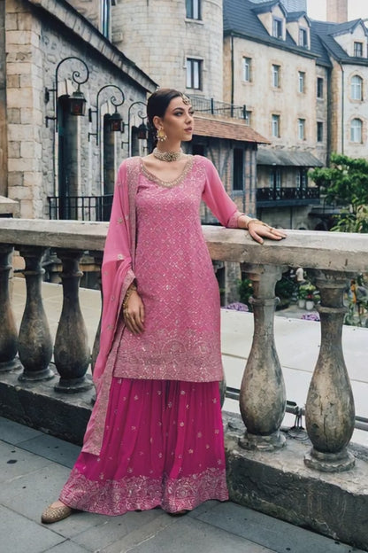 Premium Dusty Pink Peplum Sharara Suit with Heavy Embroidery | Kavlee