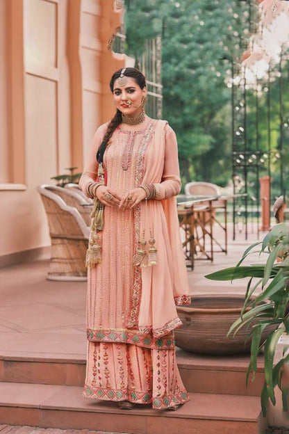Premium Peach Heavy Embroidered Sharara Suit | Kavlee