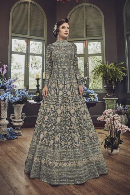 Slate Grey Heavy Embroidered Premium Net Gown - 10501 E