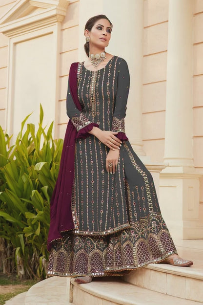 Exquisite Grey Heavy Embroidered Peplum Sharara Suit | Luxury Festive Wear | Kavlee