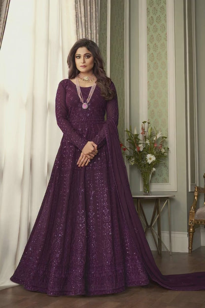 Deep Wine Purple Heavy Embroidered Evening Gown - 10610