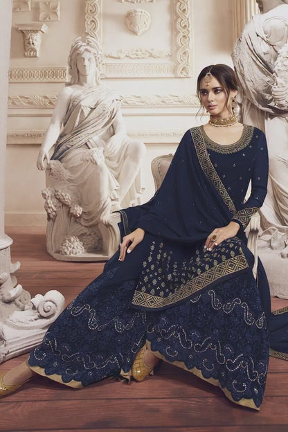 Navy Blue Pure Georgette Sharara Suit with Zari & Stone Embroidery | Kavlee