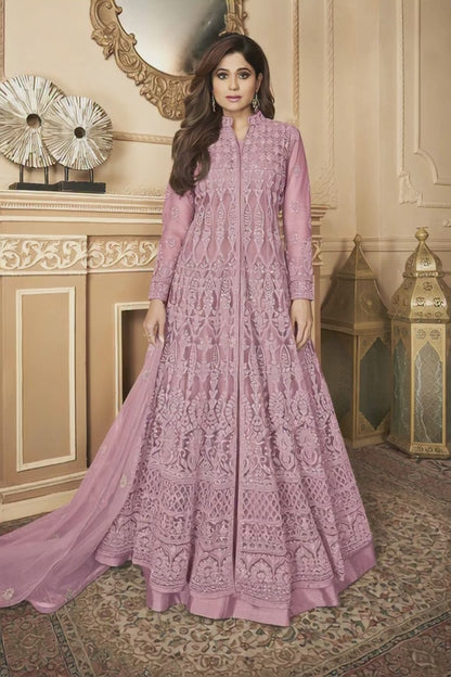 Dusty Peach Heavy Embroidered Front-Slit Indo-Western Gown - 10611 C