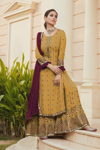 Exquisite Yellow Heavy Embroidered Peplum Sharara Suit | Luxury Festive Wear | Kavlee