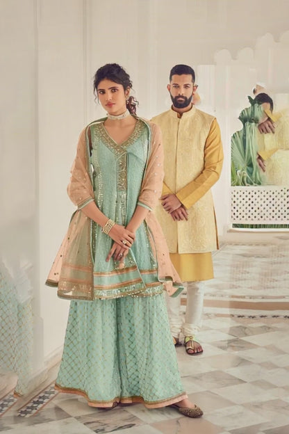 Exquisite Bright Yellow Heavy Embroidered Peplum Sharara Suit | Luxury Haldi Wear | Kavlee