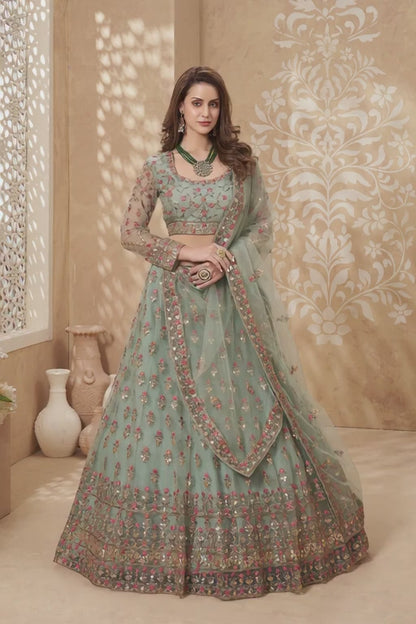 Kavlee Emerald Green Velvet Lehenga with Gold Mirror & Thread Work